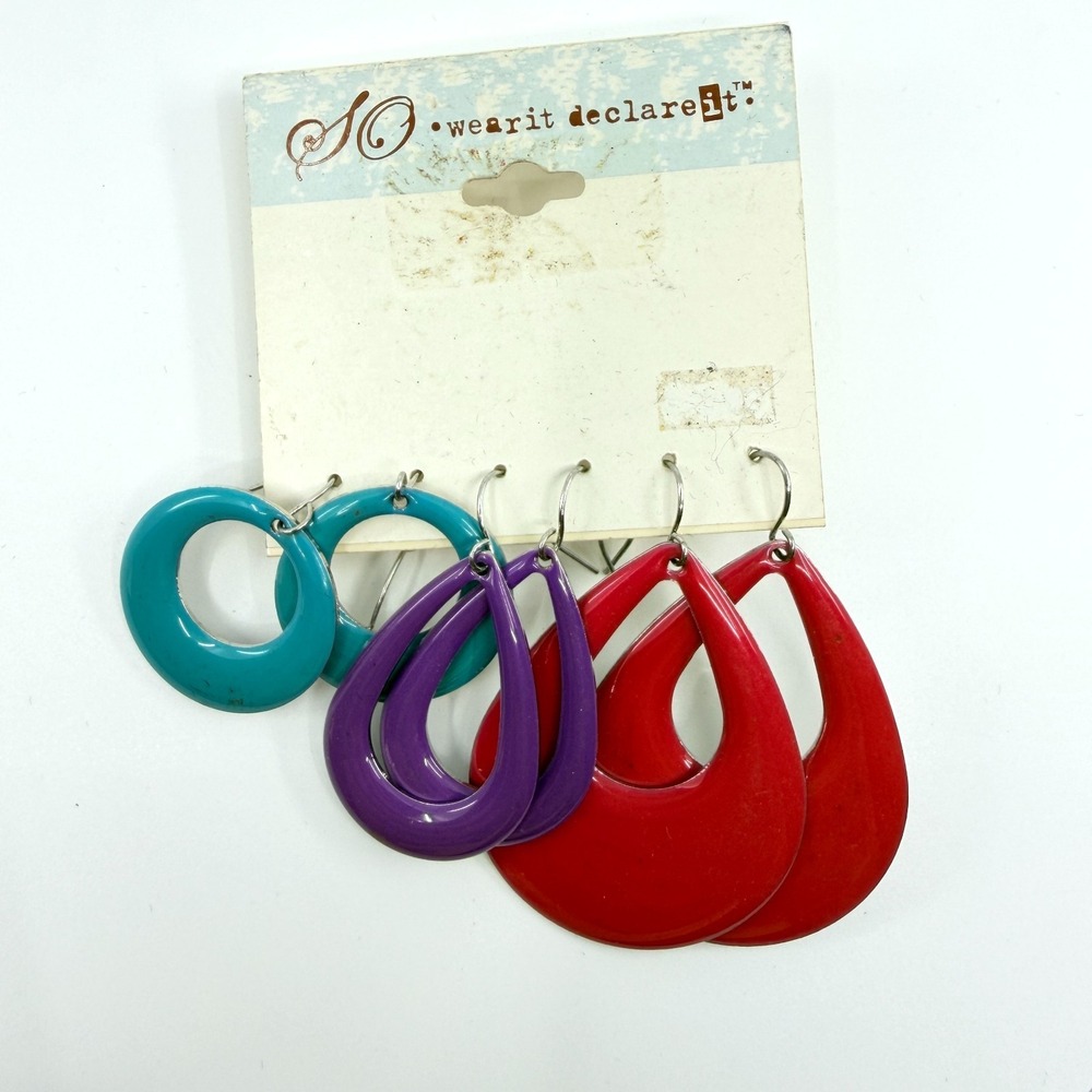VTG SO Enamel Teardrop Hoop Earrings Set 3pcs Multicolor Retro